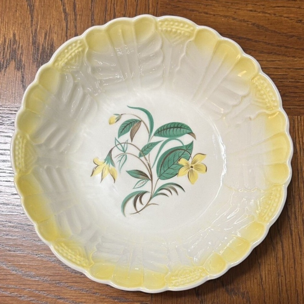 Salem China Co Ovenproof Bowl Yellow Floral Scalloped Embossed Vintage